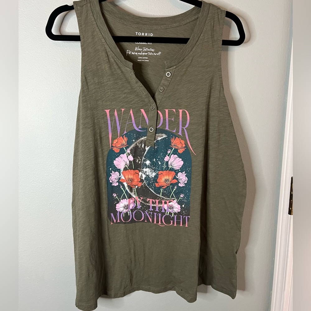 Torrid Olive Graphic Tank Top with Floral Design